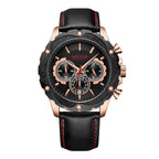 MEGIR 2070 men's chronograph watch, rose-gold case with black dial and black leather strap, front studio view