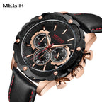 MEGIR 2070 men's chronograph watch, rose-gold case with black dial and black leather strap, angled view