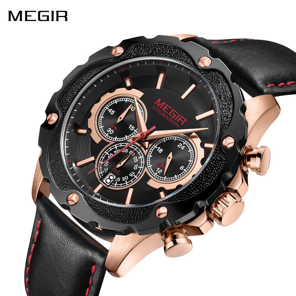 MEGIR 2070 men's chronograph watch, rose-gold case with black dial and black leather strap, angled view
