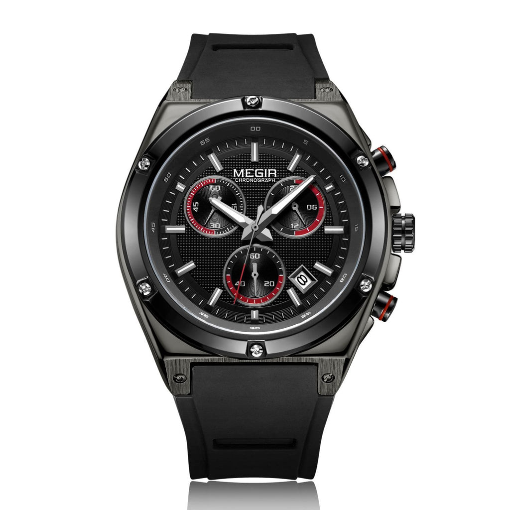 MEGIR 2073 men's chronograph watch, black case with black dial and black silicone strap, front studio view