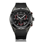 MEGIR 2073 men's chronograph watch, black case with black dial and black silicone strap, front studio view