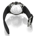 MEGIR 2073 men's chronograph watch caseback with engravings and black silicone strap with buckle