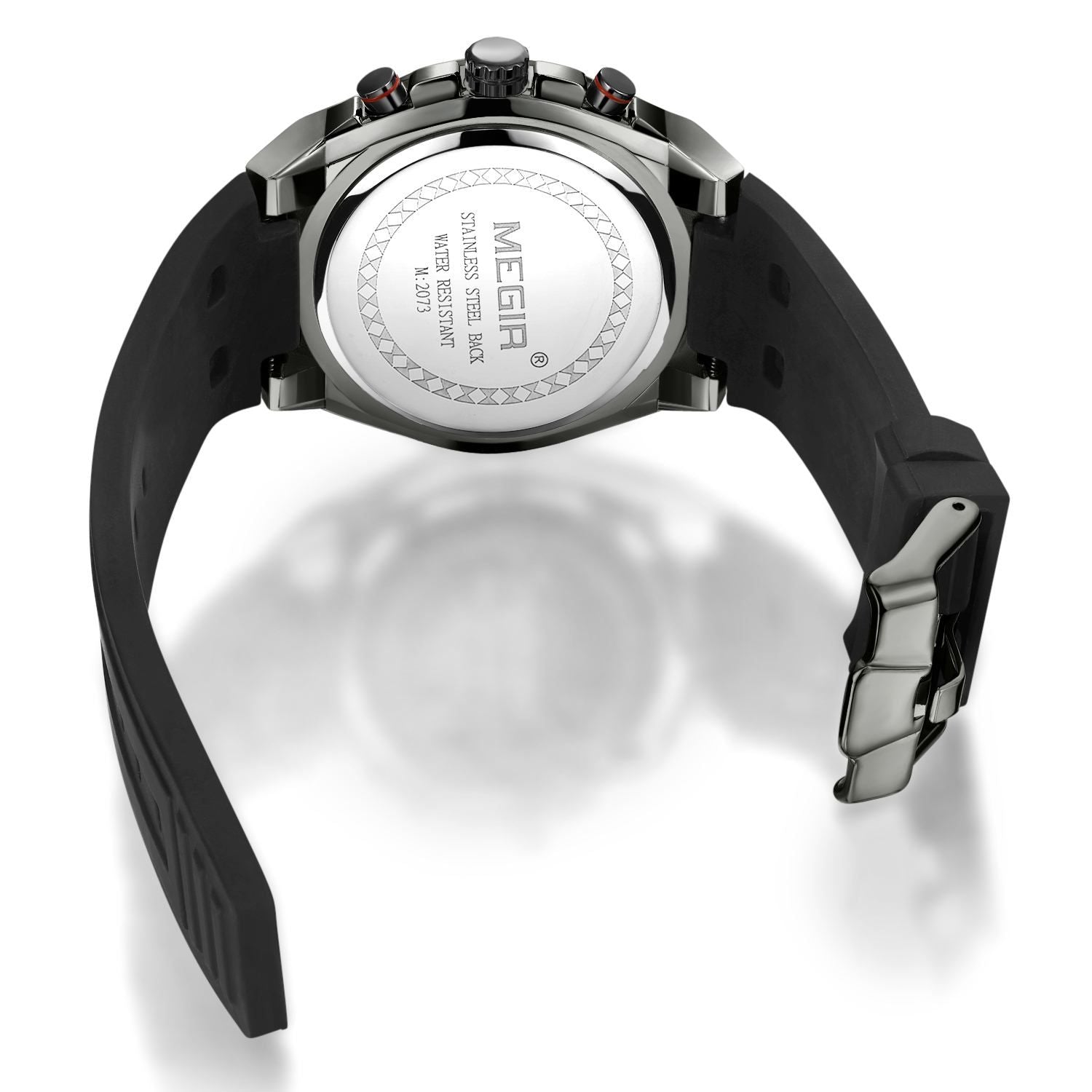 MEGIR 2073 men's chronograph watch caseback with engravings and black silicone strap with buckle