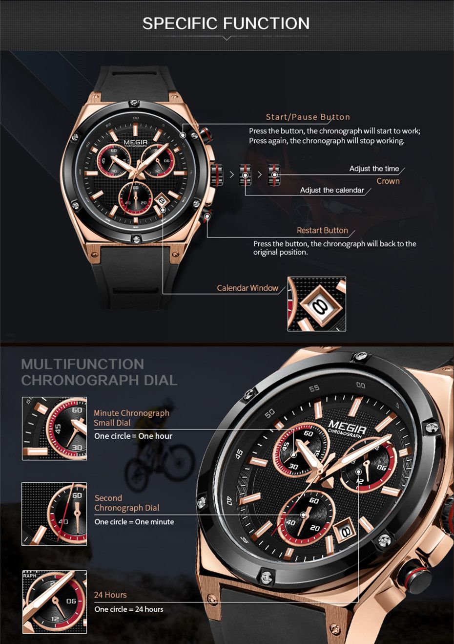 MEGIR 2073 men's chronograph watch feature graphic explaining the minute, second and 24-hour sub-dials