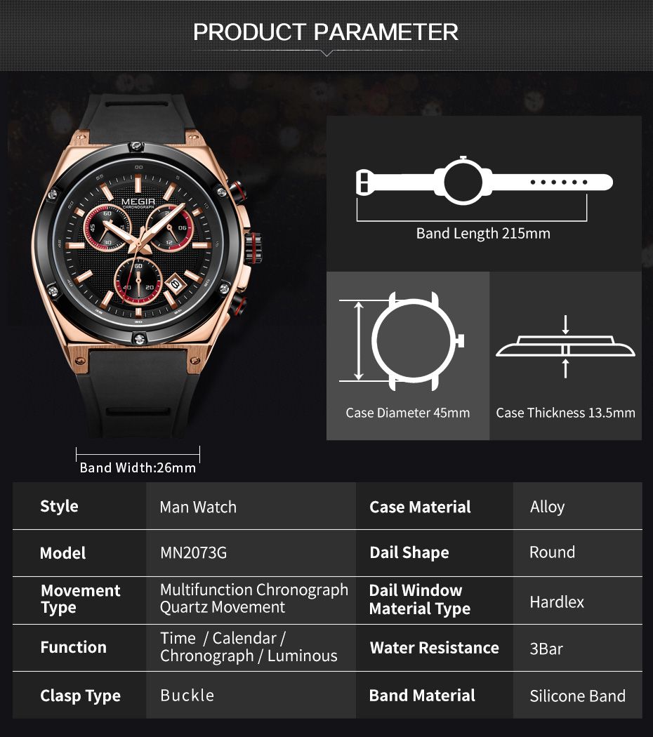 MEGIR 2073 men's chronograph watch parameters graphic with case diameter, thickness and band length