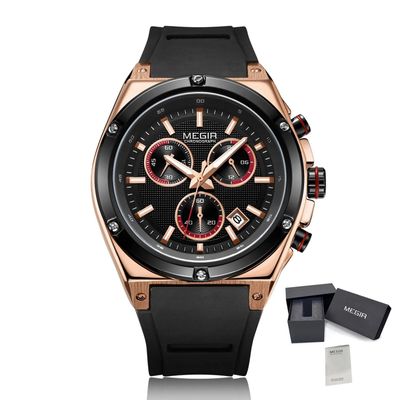 MEGIR 2073 men's chronograph watch, rose-gold case with black dial and black silicone strap, with gift box