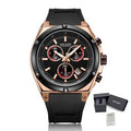 MEGIR 2073 men's chronograph watch, rose-gold case with black dial and black silicone strap, with gift box