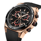 MEGIR 2073 men's chronograph watch, rose-gold case with black dial and black silicone strap, angled view