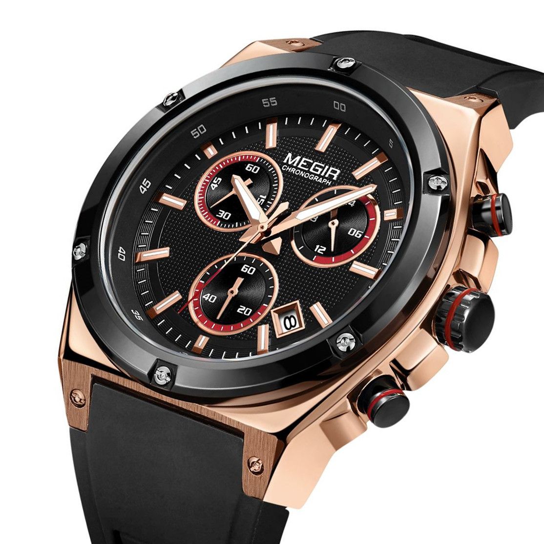 MEGIR 2073 men's chronograph watch, rose-gold case with black dial and black silicone strap, angled view