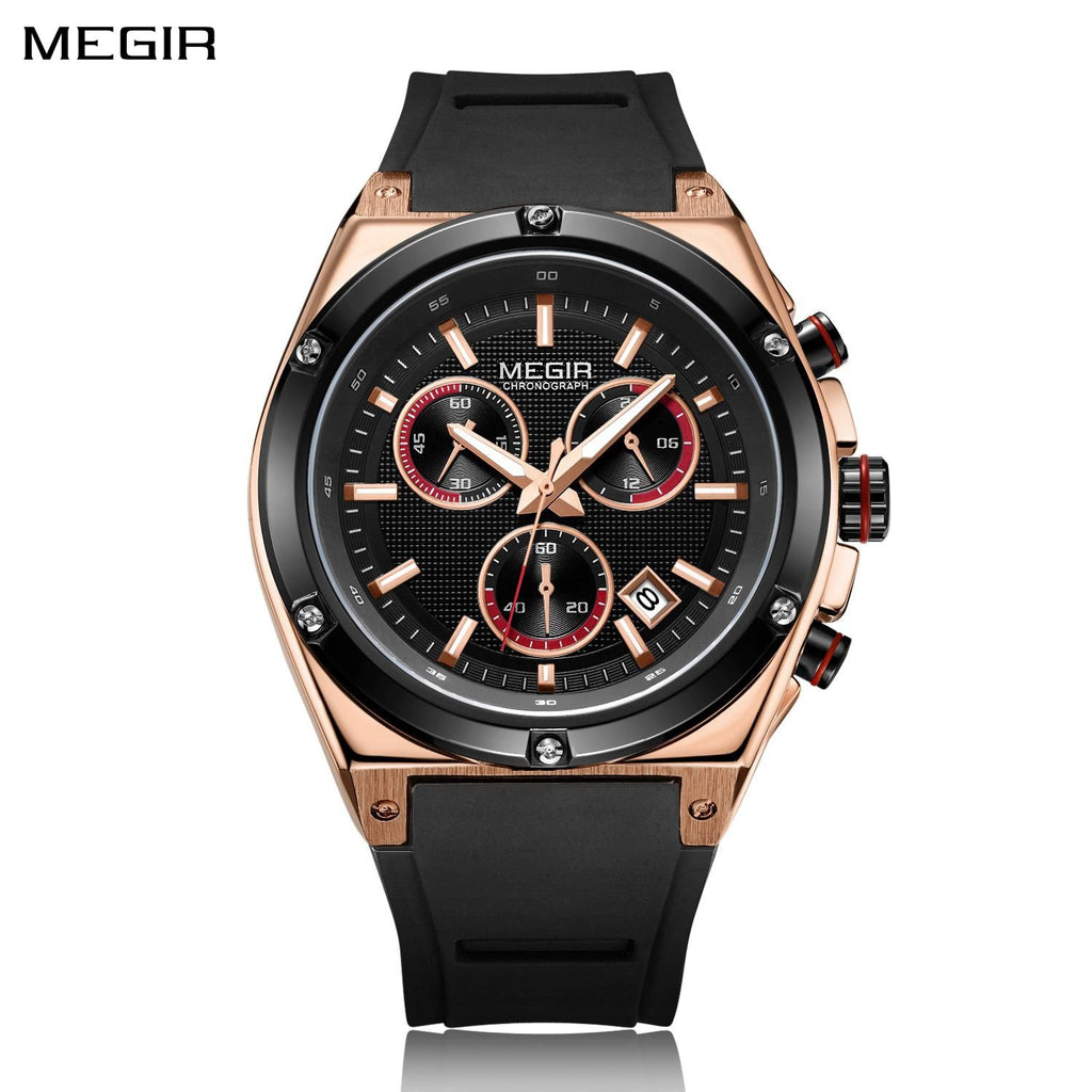 MEGIR 2073 men's chronograph watch, rose-gold case with black dial and black silicone strap, front studio view