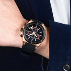 MEGIR 2073 men's chronograph watch on the wrist, rose-gold case with black dial and black silicone strap