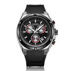 MEGIR 2073 men's chronograph watch, silver case with black dial and black silicone strap, front studio view