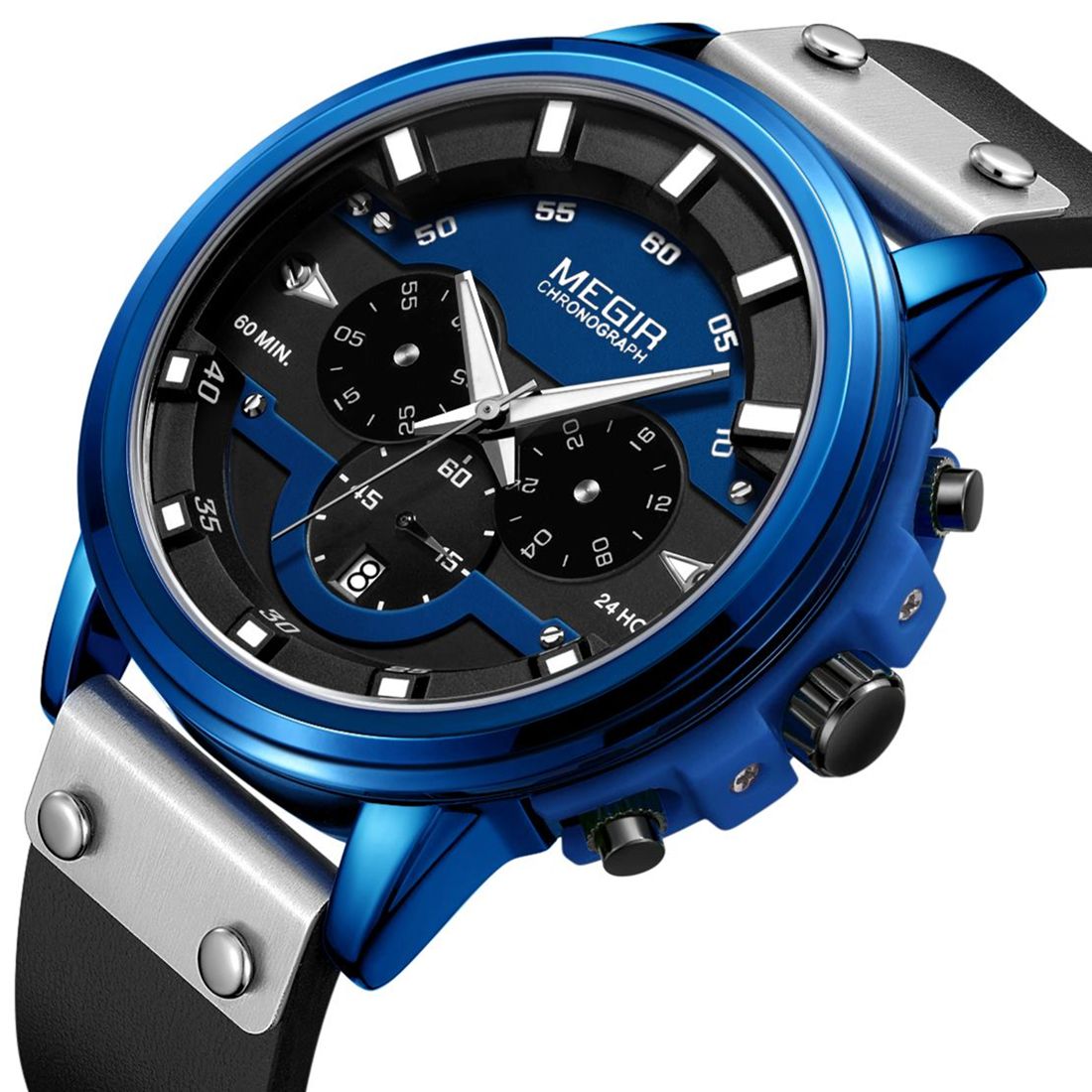 MEGIR 2080 men's chronograph watch, blue case with blue and black dial and black leather strap, angled view