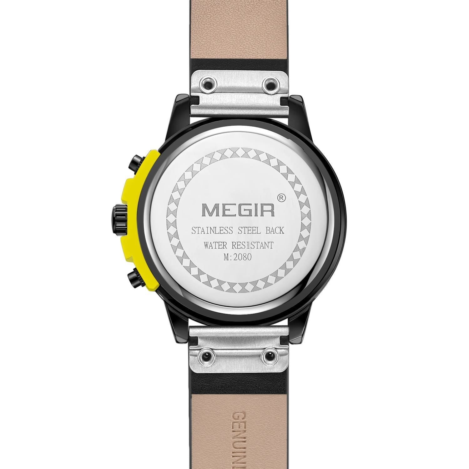MEGIR 2080 men's chronograph watch caseback with engravings and black leather strap