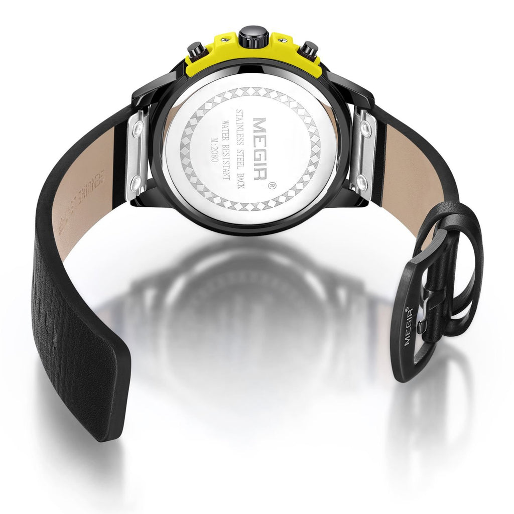 MEGIR 2080 men's chronograph watch caseback with engravings and black leather strap with buckle