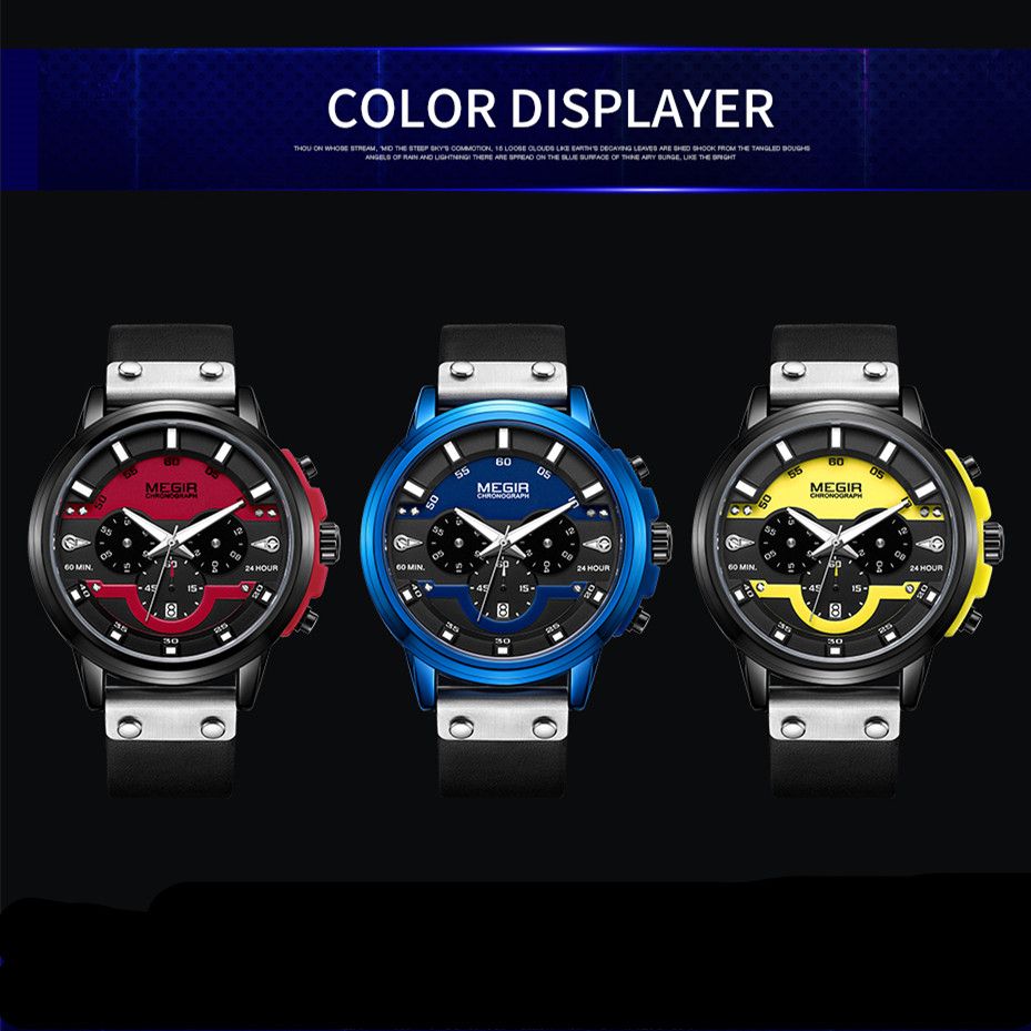MEGIR 2080 men's chronograph watch shown in red, blue and yellow colour options