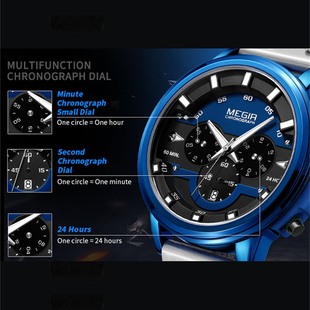 MEGIR 2080 men's chronograph watch feature graphic explaining the minute, second and 24-hour sub-dials