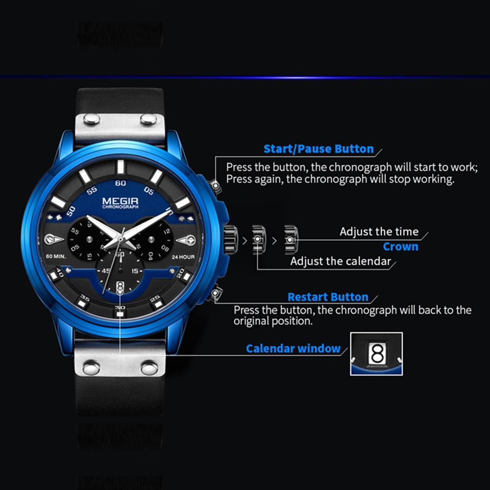 MEGIR 2080 men's chronograph watch operation graphic showing the start, calendar and reset buttons and crown