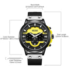 MEGIR 2080 men's chronograph watch parameters graphic with case diameter, thickness, band width and length
