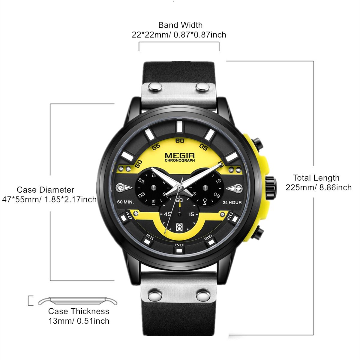 MEGIR 2080 men's chronograph watch parameters graphic with case diameter, thickness, band width and length