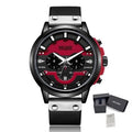 MEGIR 2080 men's chronograph watch, black case with red and black dial and black leather strap, with gift box
