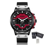 MEGIR 2080 men's chronograph watch, black case with red and black dial and black leather strap, with gift box