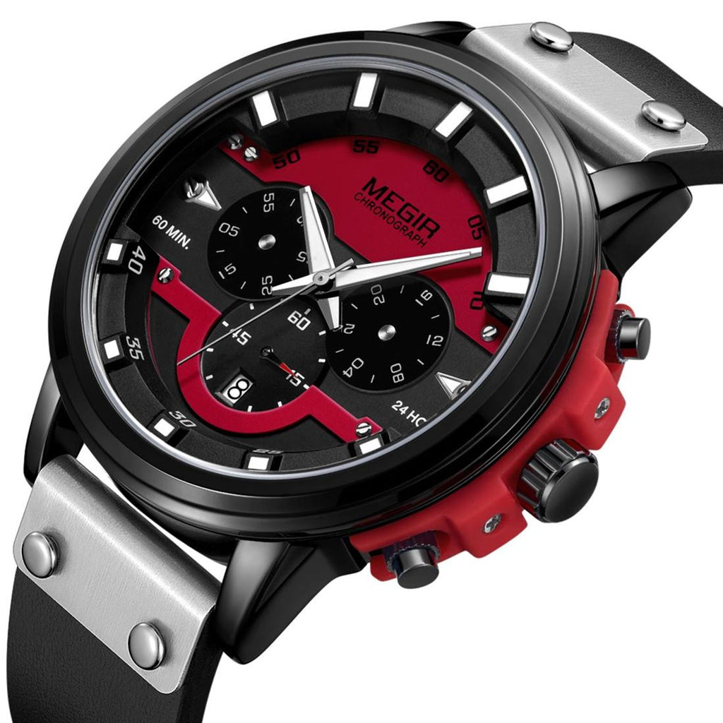MEGIR 2080 men's chronograph watch, black case with red and black dial and black leather strap, angled view