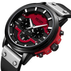 MEGIR 2080 men's chronograph watch, black case with red and black dial and black leather strap, angled view