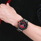 MEGIR 2080 men's chronograph watch on the wrist, black case with red and black dial and black leather strap