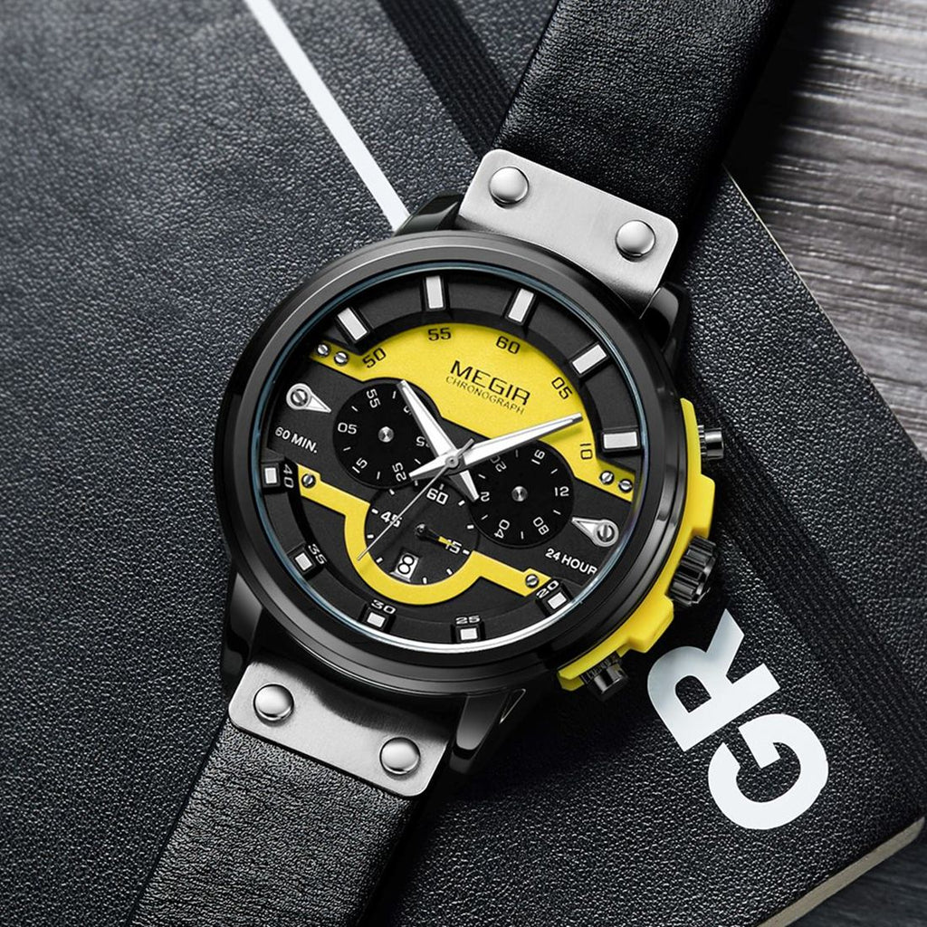 MEGIR 2080 men's chronograph watch, black case with yellow and black dial and black leather strap, angled view