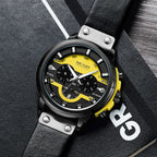 MEGIR 2080 men's chronograph watch, black case with yellow and black dial and black leather strap, angled view