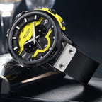 MEGIR 2080 men's chronograph watch, black case with yellow and black dial and black leather strap, three-quarter view