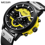 MEGIR 2080 men's chronograph watch, black case with yellow and black dial and black leather strap, front studio view