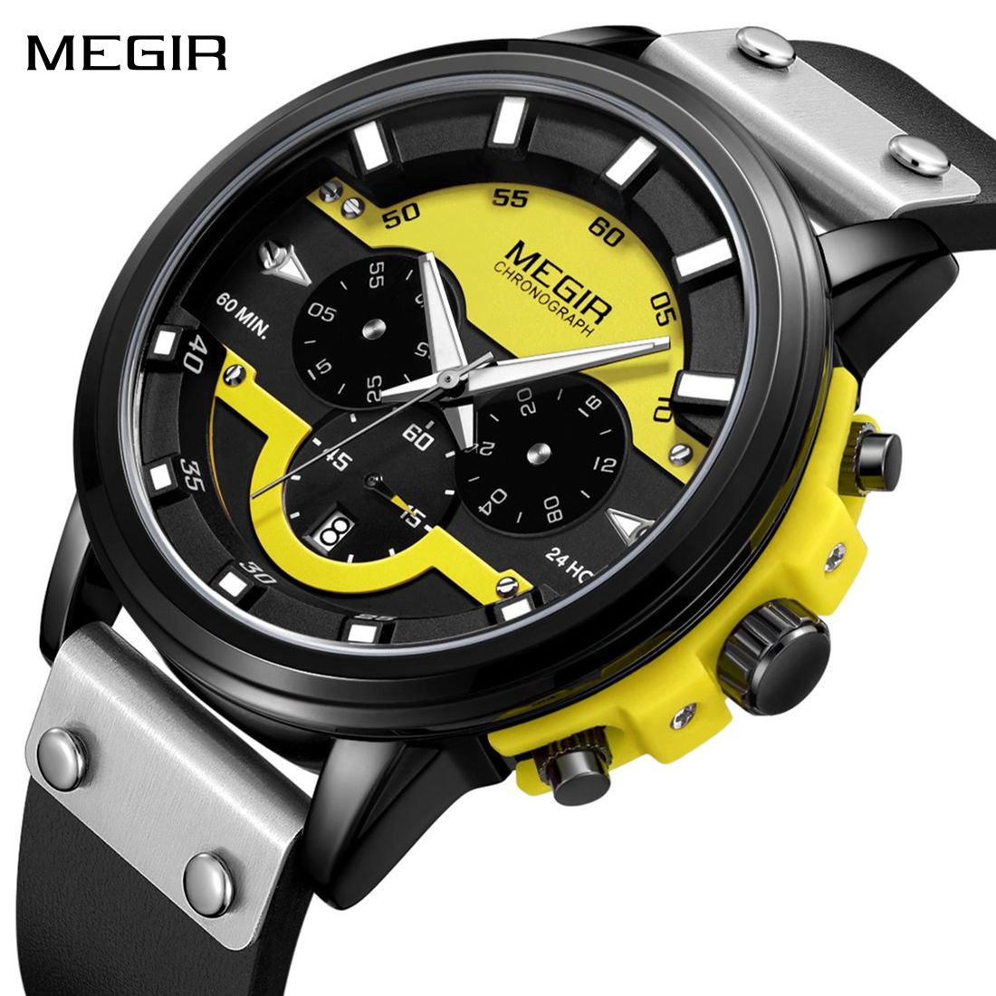 MEGIR 2080 men's chronograph watch, black case with yellow and black dial and black leather strap, front studio view