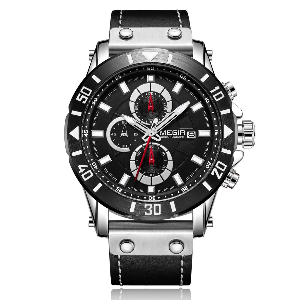 MEGIR 2081 men's chronograph watch, silver case with black dial and black leather strap, front studio view