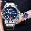 MEGIR 2081 men's chronograph watch, silver case with blue dial and black leather strap, front view
