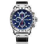MEGIR 2081 men's chronograph watch, silver case with blue dial and black leather strap, front studio view