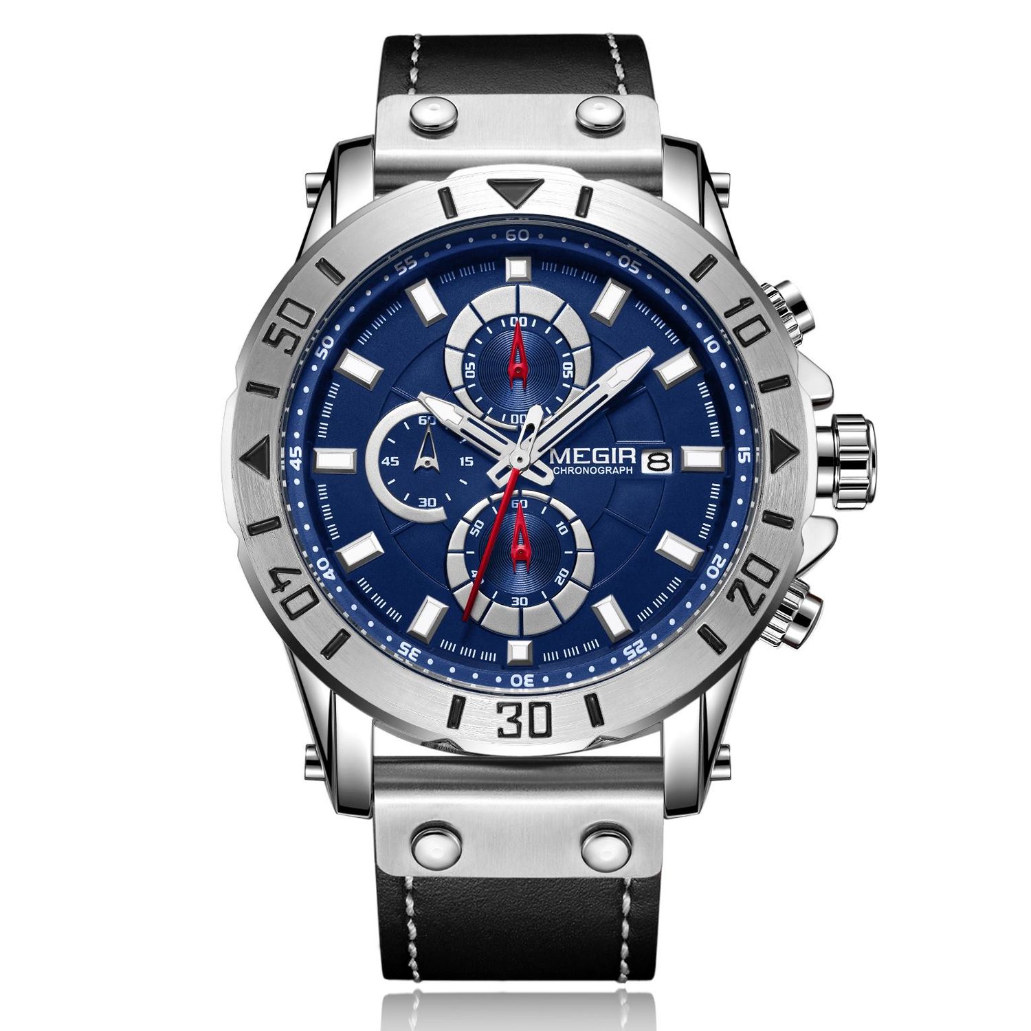 MEGIR 2081 men's chronograph watch, silver case with blue dial and black leather strap, front studio view