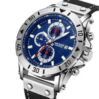 MEGIR 2081 men's chronograph watch, silver case with blue dial and black leather strap, angled view