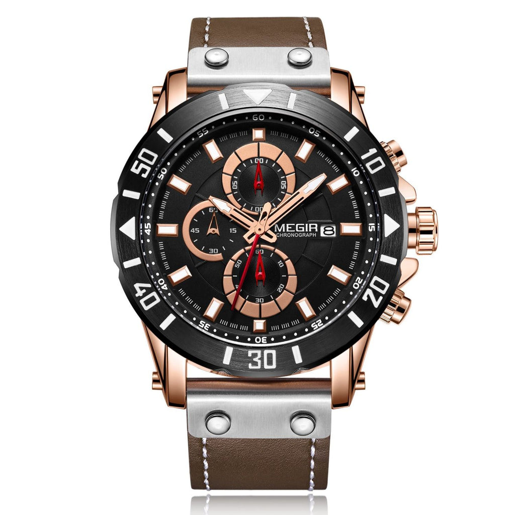 MEGIR 2081 men's chronograph watch, rose-gold case with black dial and brown leather strap, front studio view