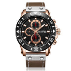 MEGIR 2081 men's chronograph watch, rose-gold case with black dial and brown leather strap, front studio view