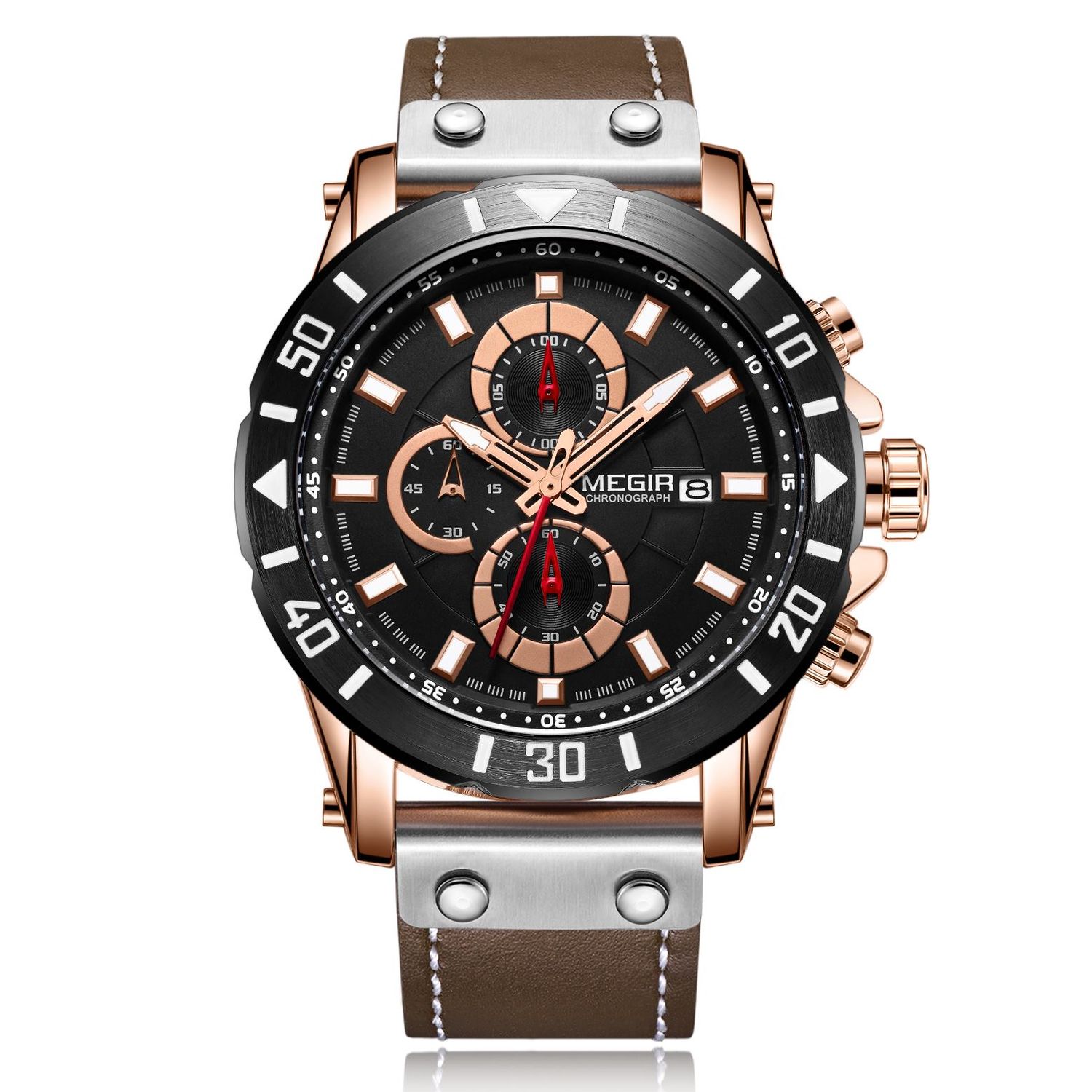 MEGIR 2081 men's chronograph watch, rose-gold case with black dial and brown leather strap, front studio view