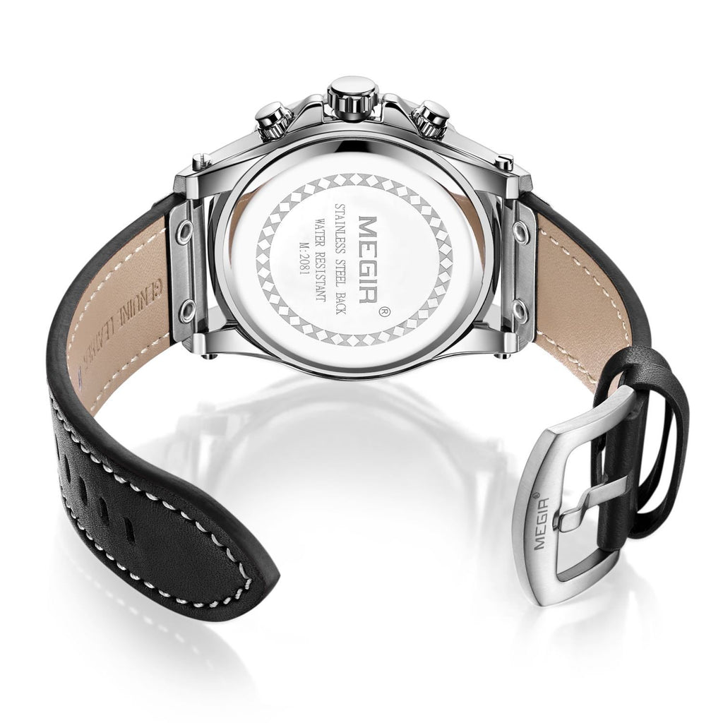 MEGIR 2081 men's chronograph watch caseback with engravings and black leather strap with buckle