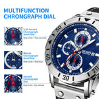 MEGIR 2081 men's chronograph watch feature graphic explaining the 1/10-second, minute and second sub-dials