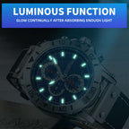 MEGIR 2081 men's chronograph watch feature graphic showing luminous hands and markers glowing in the dark
