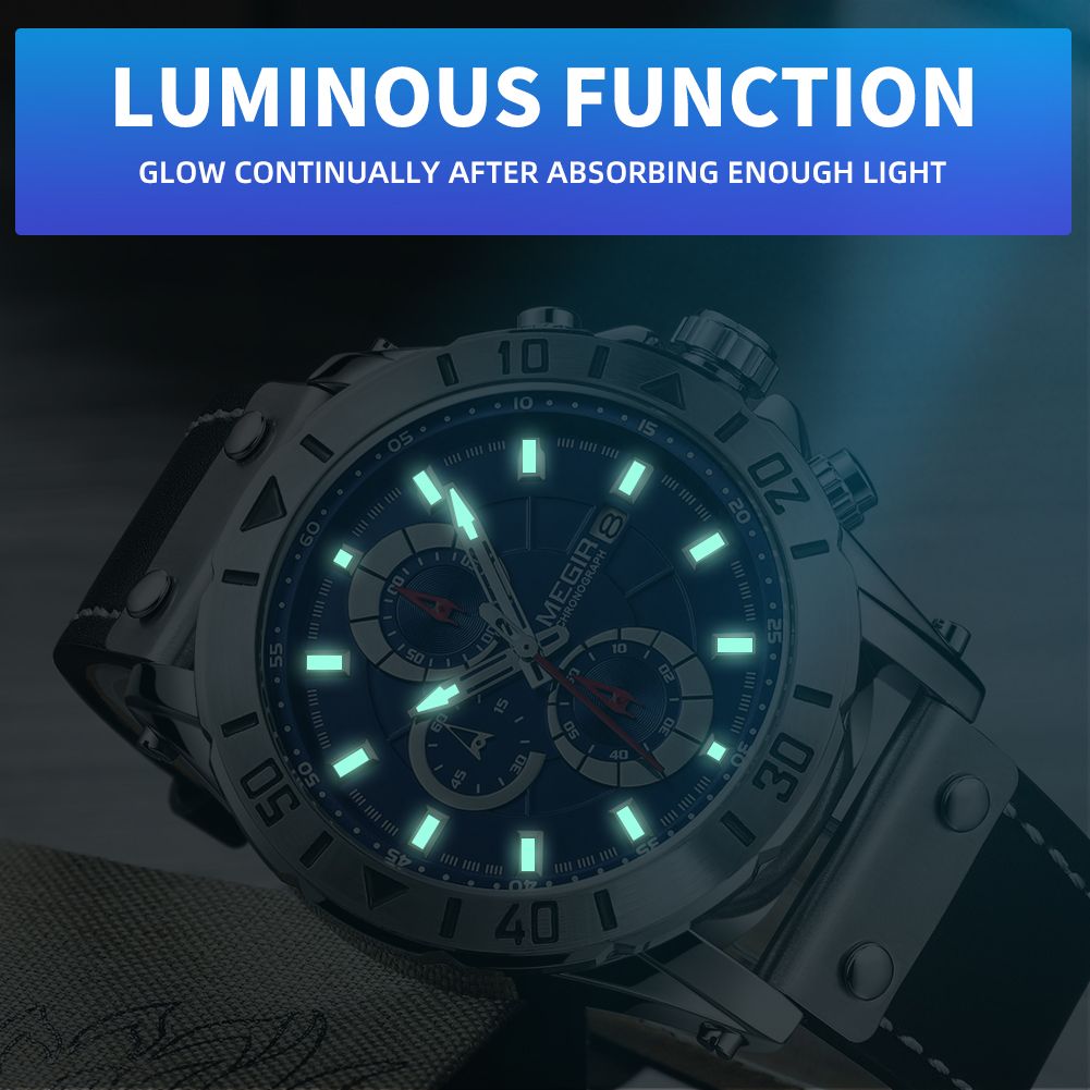 MEGIR 2081 men's chronograph watch feature graphic showing luminous hands and markers glowing in the dark