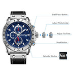 MEGIR 2081 men's chronograph watch operation graphic showing the start, calendar and reset buttons and crown