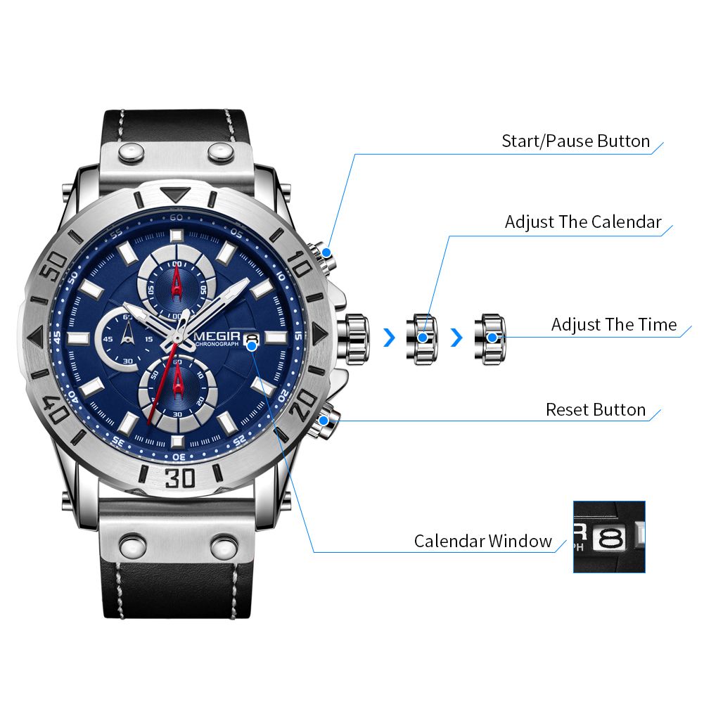 MEGIR 2081 men's chronograph watch operation graphic showing the start, calendar and reset buttons and crown