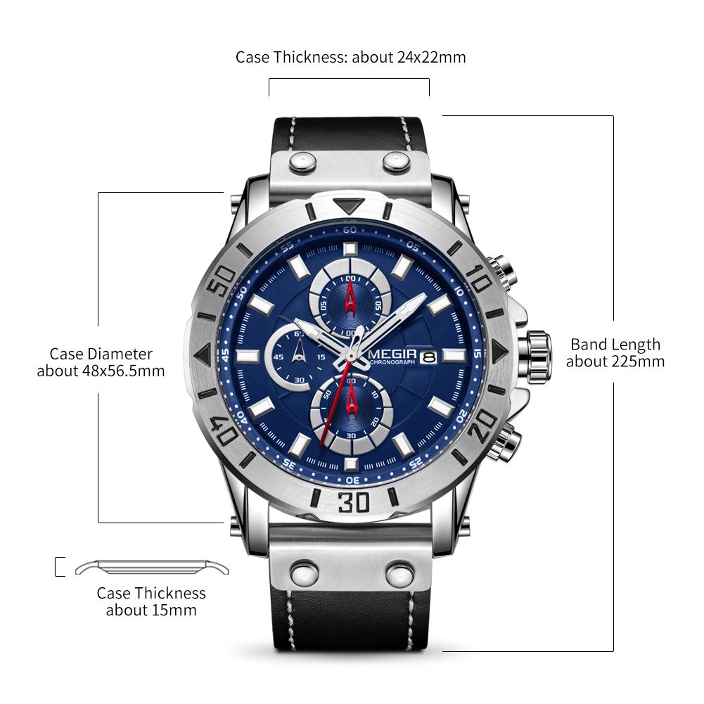 MEGIR 2081 men's chronograph watch parameters graphic with case diameter, thickness and band length