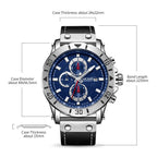 MEGIR 2081 men's chronograph watch parameters graphic with case diameter, thickness and band length